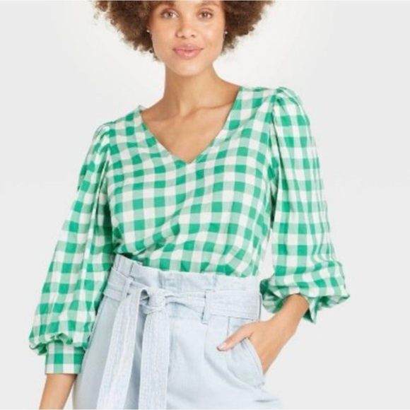 a new day Green Plaid V-Neck Blouse - Picture 1 of 6